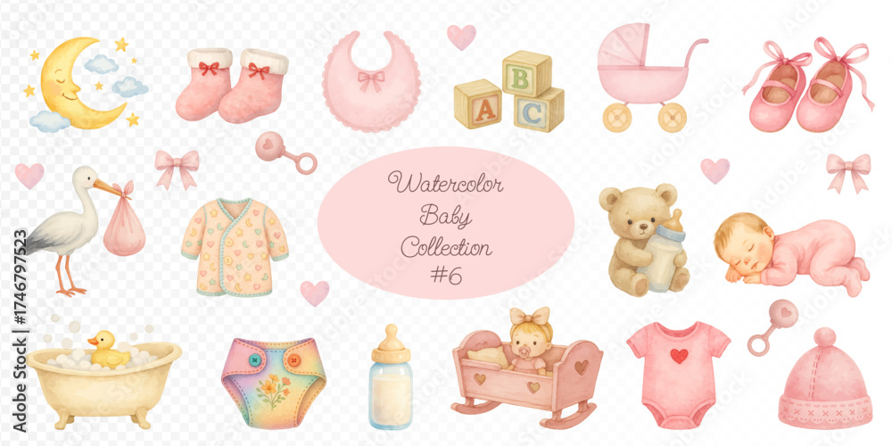Fototapeta premium Watercolor baby girl collection with pink stroller, bib, shoes, teddy bear, moon, bath, bottle, diaper, crib, bodysuit, hat, and cute newborn elements in soft pastel tones for nursery decor. Vector il