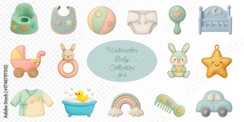 Watercolor baby collection with crib, stroller, bunny, star, rainbow, car, diaper, bib, rattle, bath with duck, clothes, and toys in soft pastel mint and yellow tones for nursery design. Vector illust