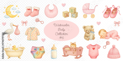Watercolor baby girl collection with pink stroller, bib, shoes, teddy bear, moon, bath, bottle, diaper, crib, bodysuit, hat, and cute newborn elements in soft pastel tones for nursery decor. Vector il