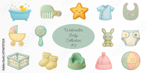 Watercolor baby collection with bath, duck, comb, star toy, clothes, bib, diaper, stroller, bunny, ball, hat, shoes, rattle, crib, and soft pastel mint and peach tones for nursery design. Vector illus