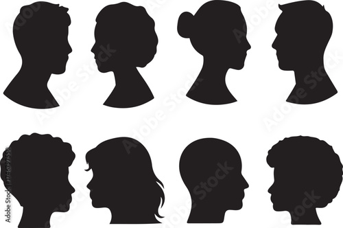 Diverse silhouettes of human heads in profile view.