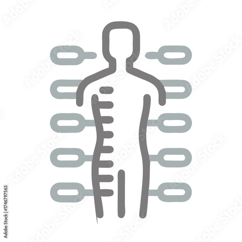 Vector art of abstract representation of a human body outline with segmented spine and interconnected chain links on either side, symbolizing health, connection, and the skeletal system