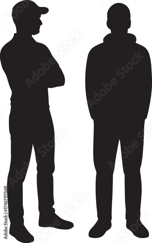 Two silhouetted men standing against a white background
