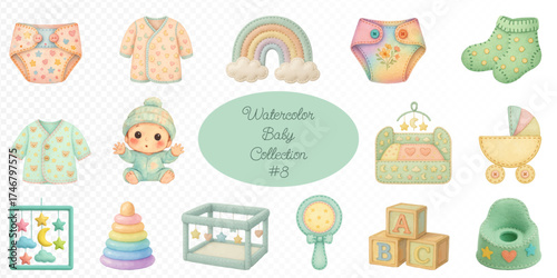 Watercolor baby collection with mint clothes, diaper, socks, stroller, crib, rainbow, toy blocks, pyramid, rattle, and cute infant in soft pastel tones for nursery and baby shower design. Vector illus