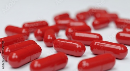 Pile of red capsules on a white surface, some blurred