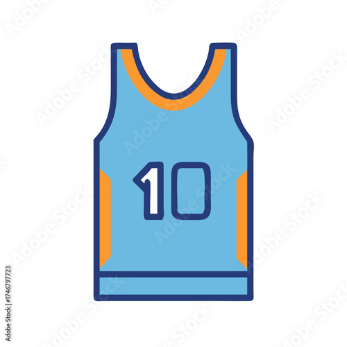Vector art of a light blue basketball jersey with orange trim and the number 10 prominently displayed on the front, isolated on a this graphic represents sports apparel and team uniforms