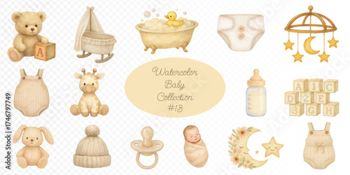 Watercolor baby collection with teddy bear, cradle, diaper, moon mobile, pacifier, bottle, newborn, bunny toy, bath with duck, and soft pastel nursery decor elements for kids design. Vector illustrati