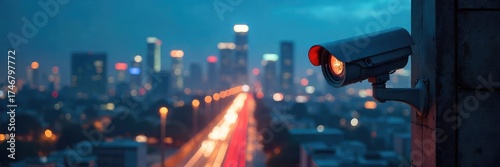 A diverse range of security cameras monitor a city skyline at night, ensuring safety and surveillance  The image showcases advanced technology and urban protection ,  towers,  cctv