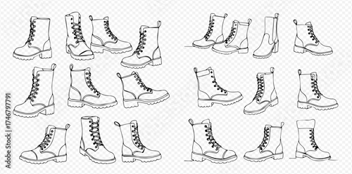 Line art illustration of various lace-up boots, showcasing different styles and angles.
