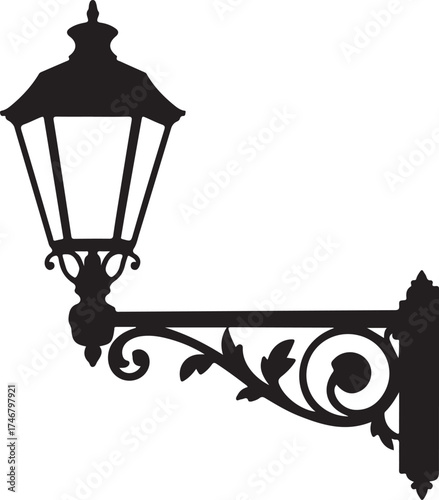 Ornate vintage street lamp silhouette with decorative scrollwork black
