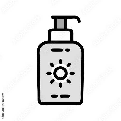 Vector art of a simple, clean icon representing a bottle of sunscreen with a sun symbol on it, isolated on a