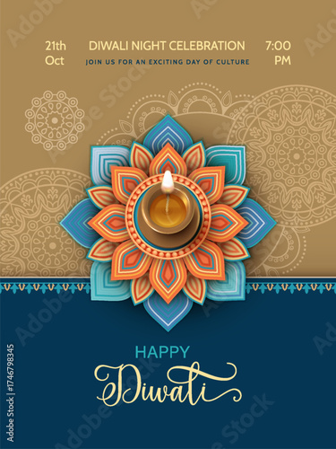 Happy Diwali design with copper lamp and beautiful decorative mandala for banner, poster, greeting card on paper color background