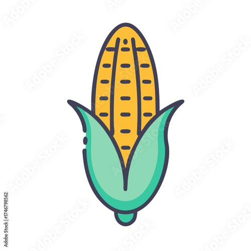 Vector art of a simple, stylized illustration of a ripe ear of corn with green husks, presented as a flat design icon, isolated on a