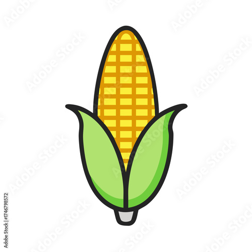 Vector art of a simple, stylized illustration of a ripe ear of corn with green husks, isolated on a, representing a healthy and natural food source