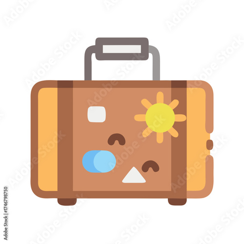 Vector art of a cartoon illustration of a brown suitcase with a yellow sun and blue shapes on it, representing travel and vacation