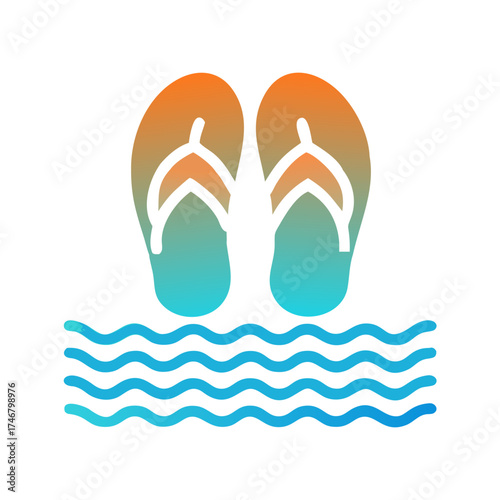 Vector art of a pair of colorful flipflops with a gradient from orange to teal, resting on a wavy blue water line
