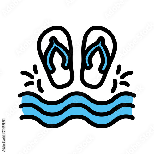 Vector art of a pair of flipflops floating on wavy blue water with splashes, symbolizing summer vacation and relaxation