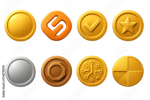 3D Crypto Icon Set. Token icon set of icons in 3D color style: shiny round coin, abstract crypto emblem, medallion with embossed mark, circular star