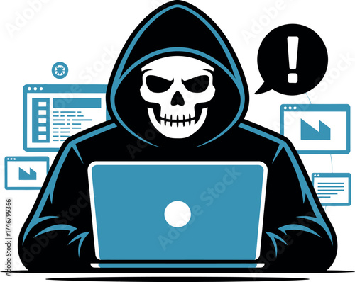 Illustration of a hacker with a skull mask using a laptop for cybercrime