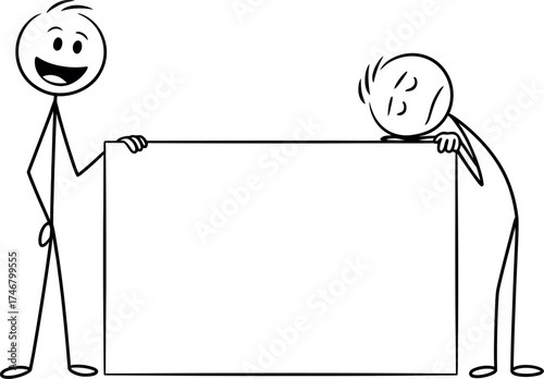 Cartoon of happy and sad man with blank board, isolated on white background, template