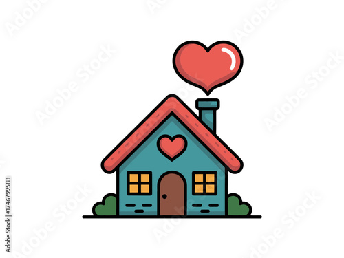 Illustration of a cozy house with a heart above it, symbolizing love and warmth
