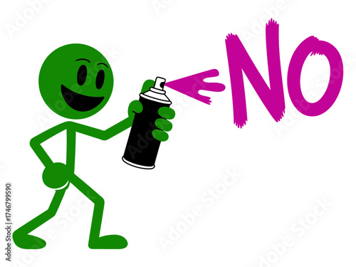 Illustration of a green figure spraying the word no with spray paint isolated on white background