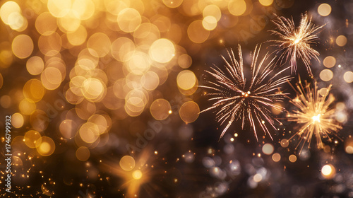 Vibrant golden fireworks on a dark luxury background with glowing sparks and festive bokeh, perfect for New Year celebrations, party posters, and holiday marketing designs