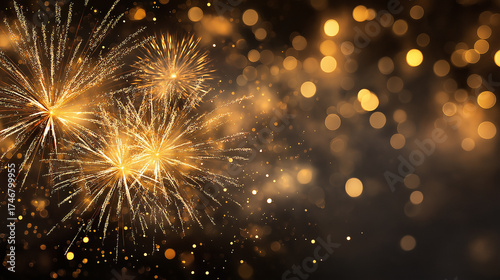 Vibrant golden fireworks on a dark luxury background with glowing sparks and festive bokeh, perfect for New Year celebrations, party posters, and holiday marketing designs