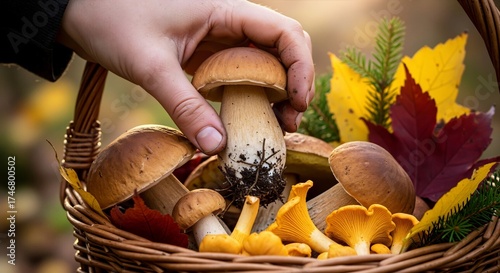 Hand placing a fresh porcini mushroom in a basket. Foraging for wild edible fungi in an autumn forest. Seasonal harvest of chanterelles and boletus edulis