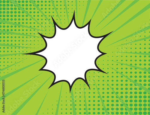Comic Explosion Pop Art Background Vector with Green Halftone Rays