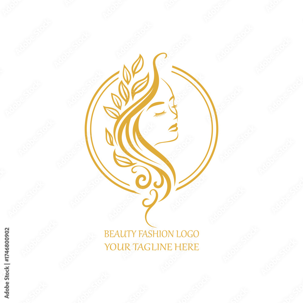 Fototapeta premium Elegant Beauty Logo with Woman Face and Leaf Hair Design for Salon or Fashion Brand