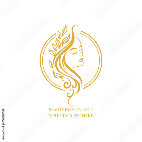 Elegant Beauty Logo with Woman Face and Leaf Hair Design for Salon or Fashion Brand