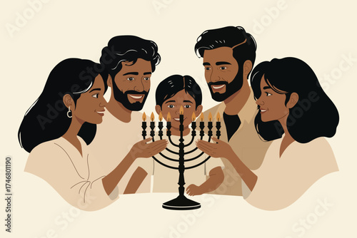Family lighting menorah for Hanukkah celebration illustration. Vector illustration of a family lighting the menorah for Hanukkah celebration. Warm Jewish holiday scene. 