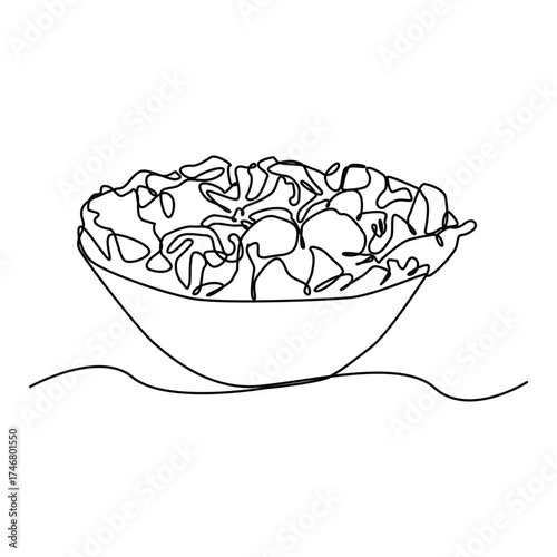 Continuous one line art of fresh healthy vegetables salad logo vector graphic illustration. Organic food cafe menu and restaurant badge concept. 