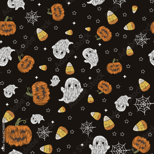 Halloween seamless pattern with stitched-style ghosts, pumpkins, candy corn, spider webs, and stars on black background. Ideal for spooky kids fabric, wrapping paper, and fall decorations.