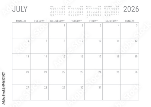 July Calendar 2026 Monthly Planner Printable A4 Monday Start	