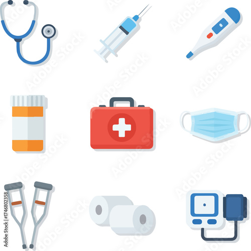 Medical equipment icons: stethoscope, syringe, thermometer, pills, first aid kit, mask, crutches, bandages, blood pressure monitor.