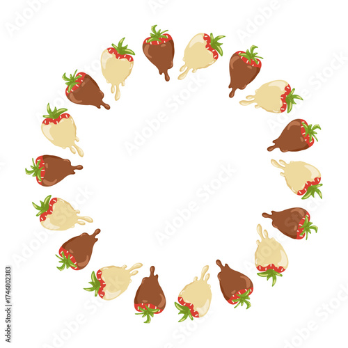 Strawberries dipped in milk and white chocolate. Round frame on white background. Vector sweet dessert hand drawn illustration for packaging design, labels, menu, branding
