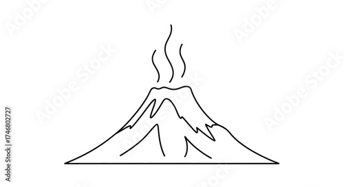 Simple black and white illustration of a volcano erupting with smoke rising.