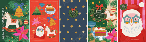 Merry Christmas and Happy New Year 2026. Vector illustration of Santa Claus, Christmas tree, cake, flower poinsettia, pattern, stars, decorations, wreath, bell, horse, festive table for greeting card