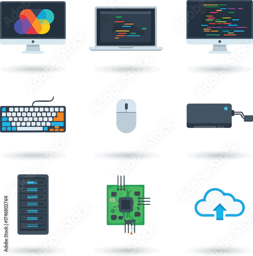 Digital illustration of computer hardware and software components.