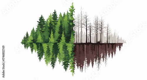 Serene forest landscape with vibrant green trees reflected in calm water, vector design