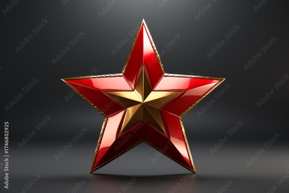 Naklejka premium Red five pointed star with gold borders and inner star shining on dark background, perfect for concepts related to military, communism, or russia