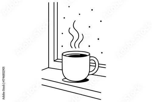 Black and White Line Illustration of Hot Tea or Coffee Cup on Windowsill – Vector