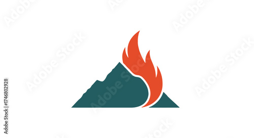 Graphic illustration of a mountain with a flame rising behind it, against a white background.
