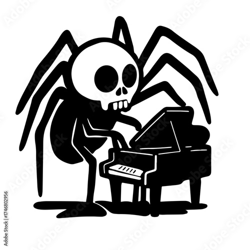 Halloween Spider with Skull Head Playing Piano – Black and White Vector Illustration