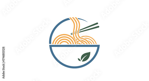 Stylized graphic of noodles in a bowl with chopsticks, featuring a leaf accent.