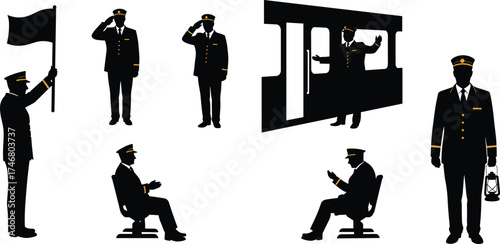 Railway conductor silhouettes in uniform saluting, holding flag, lantern, seated writing, train doorway gesture, transportation staff vector illustration design set