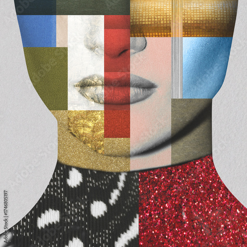 Fine art colorful collage illustration of beautiful woman portrait. Model face toned in various texture materials and colors. Grunge and noise effect applied. Retro vintage style