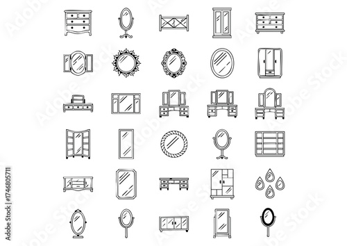 Mirror Furniture Icons: 25 Unique Black & White Vector Designs, Vector Mirror Furniture: Thick Line Drawing Icon Set, Monochrome Furniture with Mirrors: 25 Detailed Outline Icons